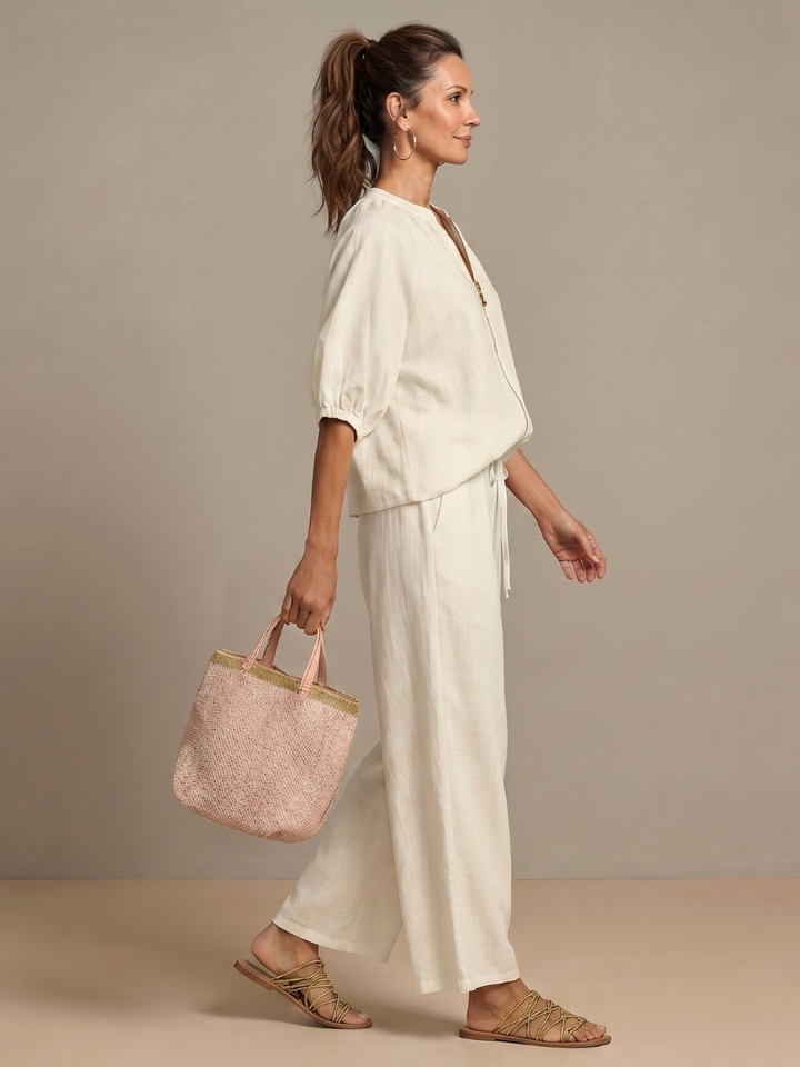 Natalia | Zip-Front Blouson Top & Wide-Leg Pants Set