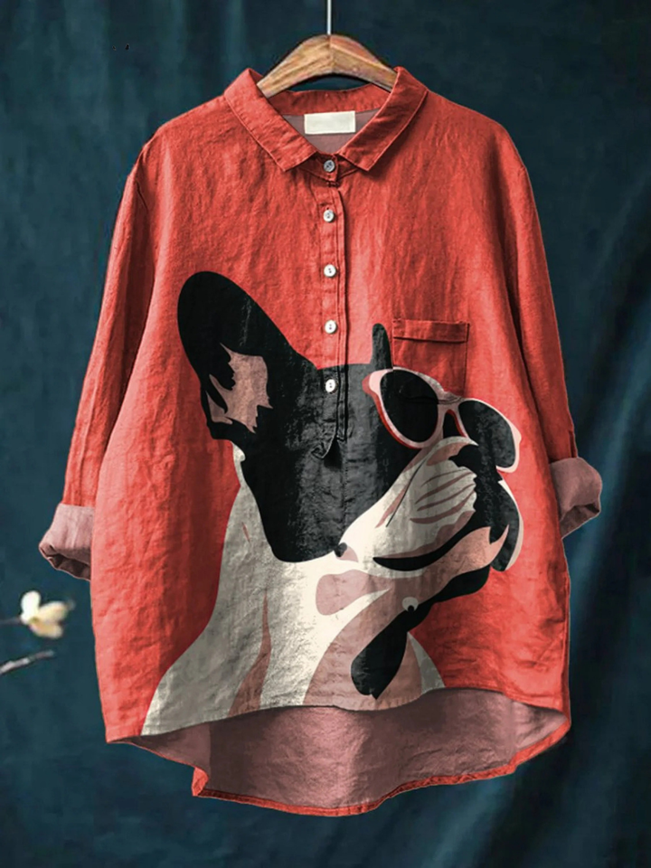 Samantha | Casual Shirt Featuring a Decorative Pattern of a Sunglasses-Wearing French Bulldog on a Red Background