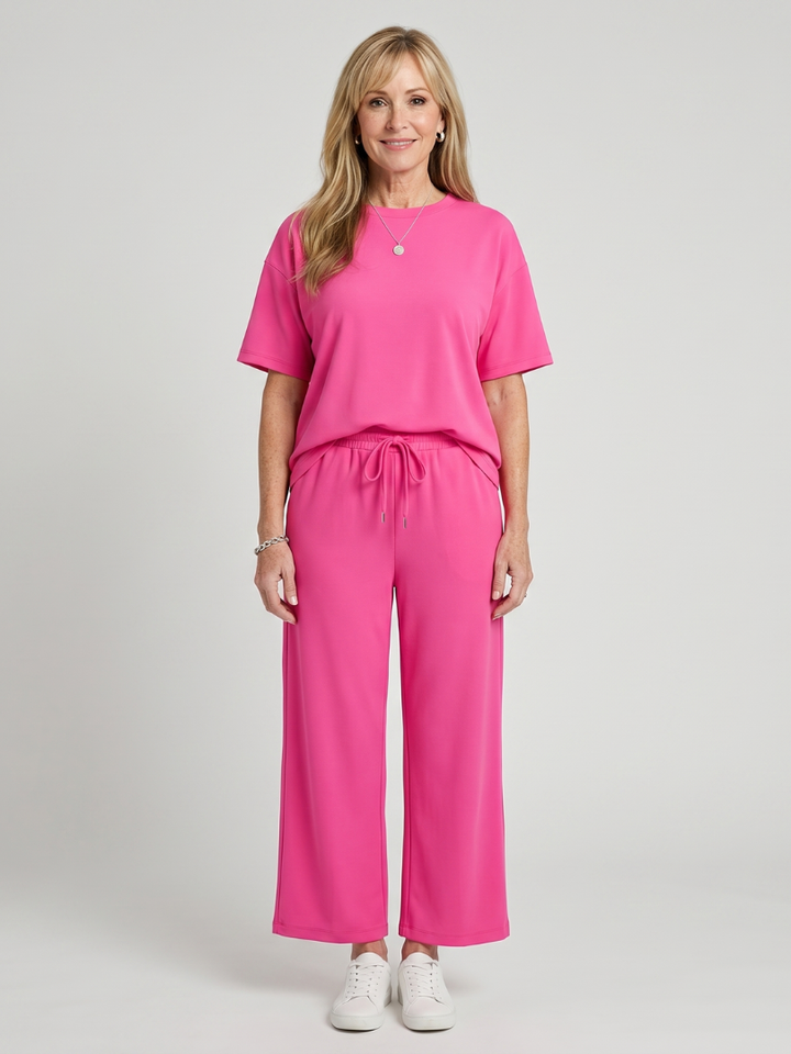 Wihel | Short Sleeve Drawstring Waist Straight Leg Pants Set