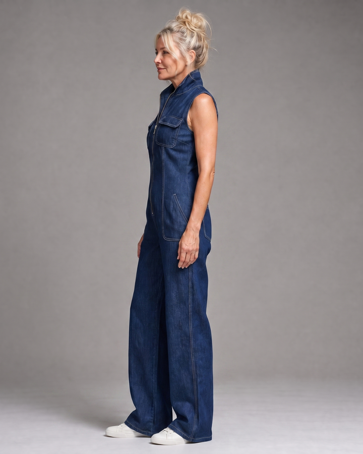 Samantha | Sleeveless Denim Wide Leg Jumpsuit with Zip Front