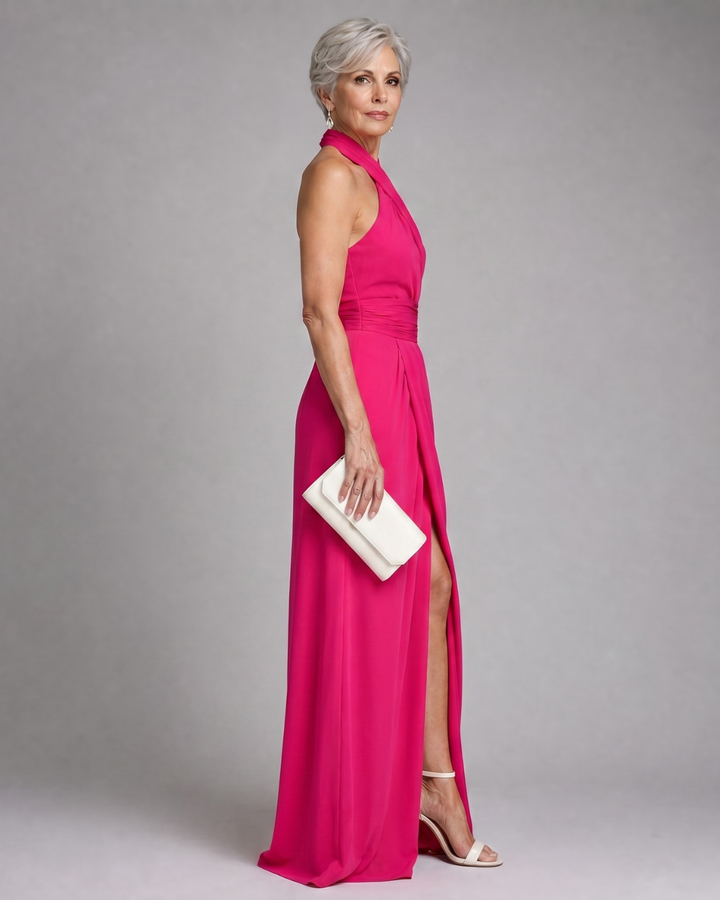 Vaelora | Midi Dress with Cross Halter and Draped Side Slit