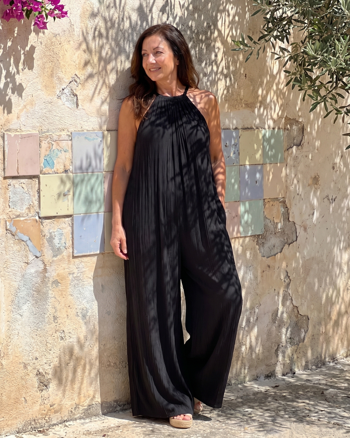 Sylvara | Relaxed Wide Leg Jumpsuit with Pleated Halter Neck