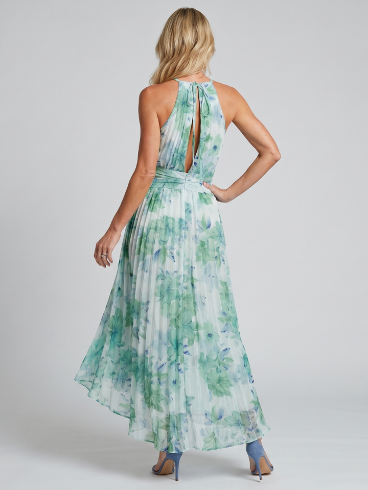 Portia | Floral Print Pleated Halter Midi Dress