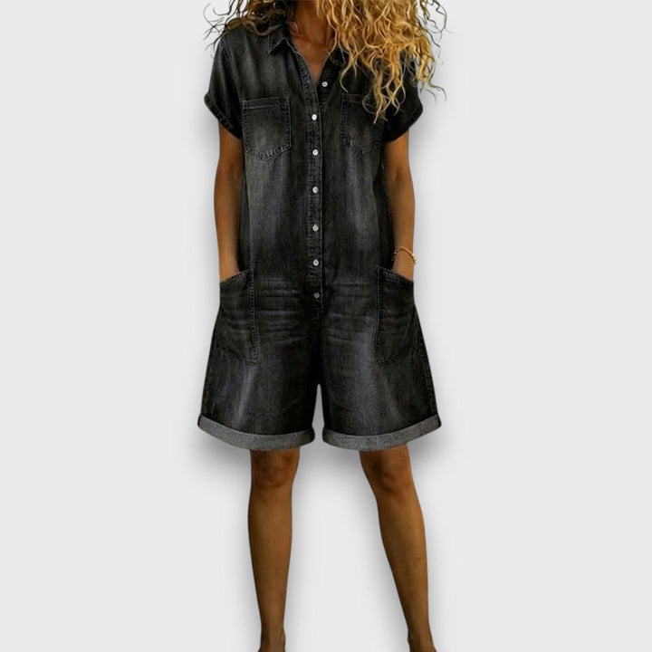 Saylor | Retro-Inspired Short Denim Look Cotton Overalls
